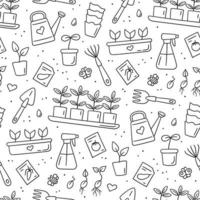 Seamless pattern with seeds and seedlings. Germination of sprouts. Tools and pots for planting vector