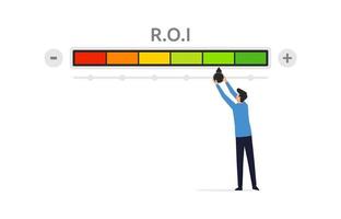 Return on investment color scale concept, man trying to move needle to green sign illustration vector