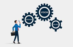 Business concept with businessman holding magnifier to analyze gears with texts mission, vision and values illustration. vector