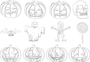 Halloween pumpkins, skull, bat, skeleton, ghost and lollipop silhouettes vector illustration