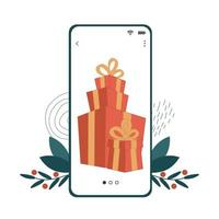 Gift Boxes Present in Smartphone Screen. Vector flat illustrations with advertising Christmas markets and sales in Mobile App.