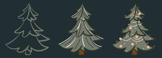 Christmas tree set. Festive fir tree with toys and snow. Hand-drawn flat vector illustration isolated.