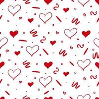 Seamless pattern with doodle shapes and red hearts. Flat vector background for festive wrapping paper for valentine's day