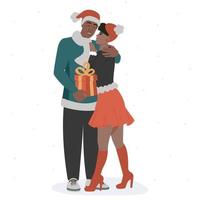 Young African American people in love give boxes of gifts for Christmas and New Year. Flat isolated vector illustration