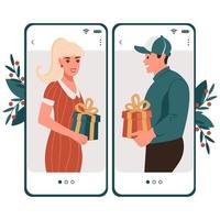 A guy and a girl give a box with a gift for Christmas and New Year on the smartphone screen. Online congratulations. Flat vector illustration of mobile app