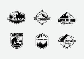 Diseño de logotipo de montaña y pino relacionado con la actividad al aire libre. vector