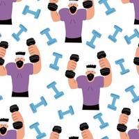 Sport seamless pattern with dumbbells and coaches. Workout concept. Vector illustration on white background.