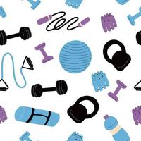 Seamless pattern with sports equipment. Workout concept. Dumbbell, kettlebell, jump rope, chest expander, mat, fitness ball, ankle weights. Vector illustration on white background.