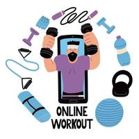 Set of sports equipment and a coach in a smartphone. Online workout concept. Dumbbell, kettlebell, jump rope, chest expander, mat, fitness ball, ankle weights. Vector illustration isolated on white.