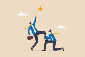 Reach for the star, teamwork or support to achieve business goal, partnership or manager mentorship to help success concept, businessman manager support colleague to stand on his knee to reach target. vector