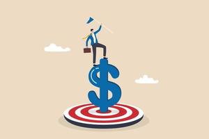 Achieve financial goal, success investment or make money target, win wealth and savings objective or accomplishment concept, confidence businessman holding winner flag on top of dollar money target. vector