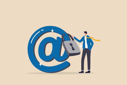 protección de seguridad de correo electrónico, sistema de seguridad para defender ciberataques, spam o fuga de datos, concepto de tecnología de cifrado de datos, empresario de confianza de pie con una fuerte seguridad de candado en el símbolo de correo electrónico. vector