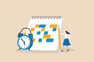 Work schedule or syllabus calendar, planning for appointment and event, project management timeline, or business deadline reminder concept, woman holding pencil with schedule calendar and alarm clock. vector