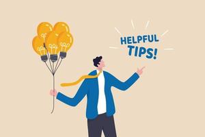 Helpful tips for business, useful ideas or smart trick to success, advice or suggestion information for improvement concept, smart businessman holding lightbulb ideas balloon telling helpful tips. vector