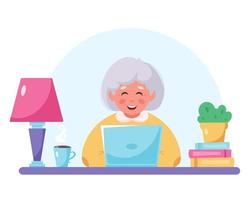 Grandma sitting with laptop. Old woman using computer vector