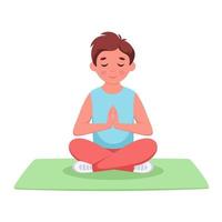 Little boy meditating in lotus pose. Gymnastic, meditation for kids vector