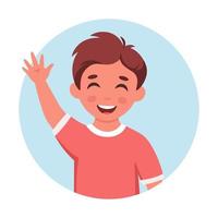 Little boy smiling and waving hand. Little boy portrait in circular shape. Elementary school student. vector