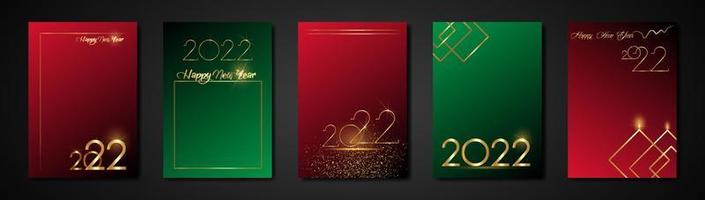 establecer tarjetas 2022 feliz año nuevo textura dorada, fondo moderno rojo y verde de lujo dorado, elementos para calendario, tarjeta de felicitación o invitaciones navideñas de vacaciones de invierno con temática navideña decoraciones geométricas vector