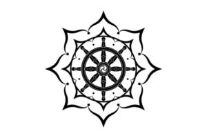 Dharma wheel logo icon. Buddhism sacred lotus flower symbol. Dharmachakra, eight petals. Vector illustration isolated on white background