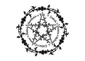 wheel of the Year is an annual cycle of seasonal festivals. Wiccan calendar and holidays. Compass with pentagram with flowers and leaves pagan symbol, names in Celtic of the Solstices, vector isolated