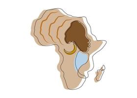 mujer africana negra en estilo de arte lineal, dibujo de línea continua de mujer afro y mapa del continente africano. Logotipo de icono de tatuaje de línea de vector colorido aislado sobre fondo blanco
