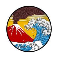 tsunami and volcano eruption in wood block style vector