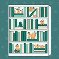 librería con juguetes de animales con gorros de santa claus. un par de hipopótamos, hipopótamo en su espalda sostiene patas, gato en taza, ciervo, oso y toro de montaña, árbol de navidad vector