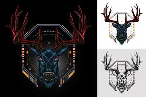 Deer head illustration with ornament design on the dark background in serious face. T shirt design, Buck Logo, mascot, wall decoration. vector