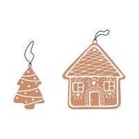 Hand drawn gingerbread house and tree, flat vector illustration isolated on white background. Christmas tree decoration with hangers.