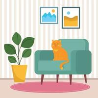 Home cozy interior with a cat. Cartoon vector illustration