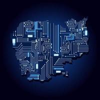 mapa de contorno de camboya con un circuito de electrónica tecnológica. vector