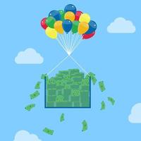 Pile of money rising to the skies with balloons. Conceptual. vector