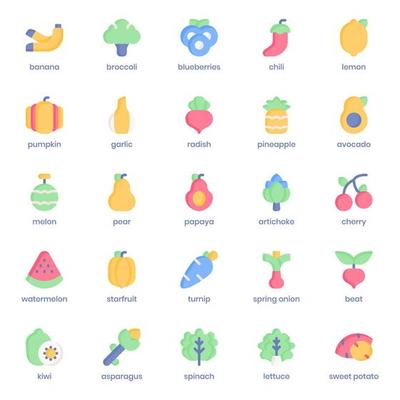 Fruit and Vegetable icon pack for your website design, logo, app, UI. Fruit and Vegetable icon flat design. Vector graphics illustration and editable stroke.