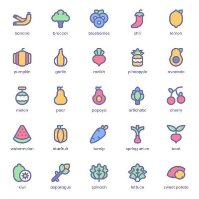 Fruit and Vegetable icon pack for your website design, logo, app, UI. Fruit and Vegetable icon lineal color design. Vector graphics illustration and editable stroke.