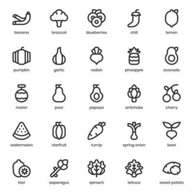 Fruit and Vegetable icon pack for your website design, logo, app, UI. Fruit and Vegetable icon outline design. Vector graphics illustration and editable stroke.