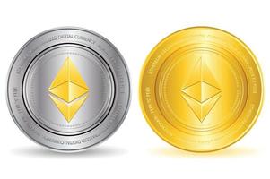 Conjunto de iconos de moneda criptográfica ethereum con medalla de oro y plata vector