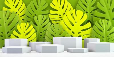 Fondo 3d para maqueta de podio para presentación de producto, fondo de hojas verdes, renderizado 3d foto