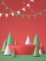 Christmas and newyear product podium mockup display background with chirstmas tree,3D render background photo