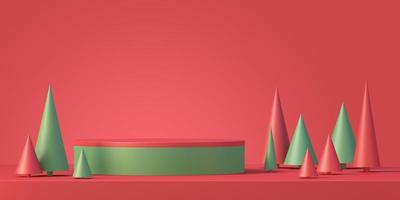 Christmas and newyear product podium mockup display background with chirstmas tree,3D render background photo