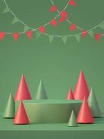 Christmas and newyear product podium mockup display background with chirstmas tree,3D render background photo
