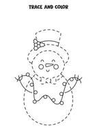 Trace and color cute Christmas snowman. Worksheet for kids. vector