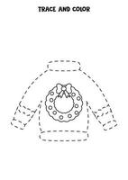 Trace and color cute Christmas sweater. Worksheet for kids. vector