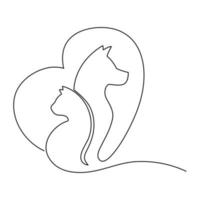 Continuous lines, cats and dogs love each other. vector