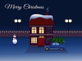 House decorated for Christmas. A car with a tree. A yard with a snowman and lanterns. Christmas card. Vector illustration in cartoon style