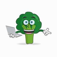 Broccoli mascot character with laptop in right hand. vector illustration