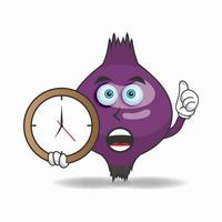 Personaje de mascota de cebolla morada sosteniendo un reloj de pared. ilustración vectorial vector