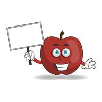 Apple mascot character holding a white blackboard. vector illustration