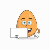 Egg mascot character holding a white blackboard. vector illustration