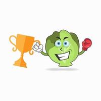 The Cabbage mascot character wins a boxing trophy. vector illustration