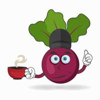 Onion Purple mascot character holding a hot cup of coffee. vector illustration